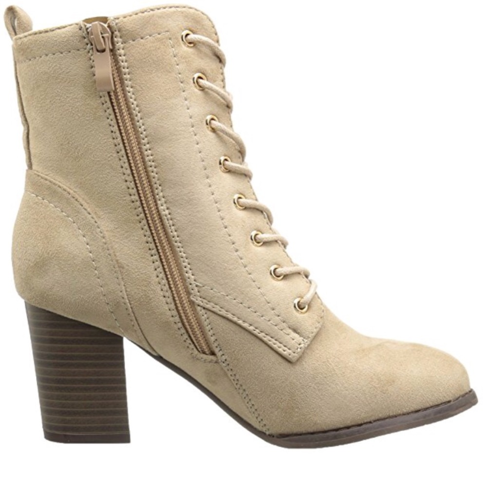 Cream Lace Up Block Heeled Combat Boots - Picture 4 of 5